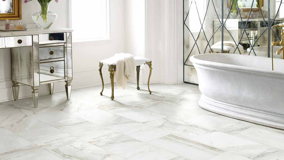 Tile flooring in a bathroom, installation services available